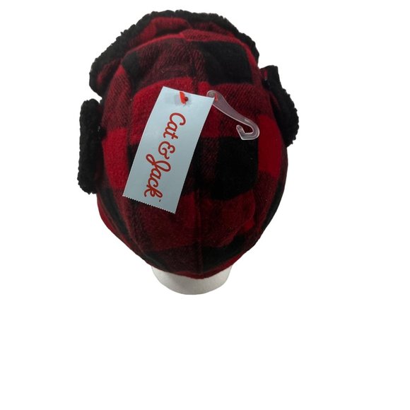 Cat And Jack Boy's One Size Trapper Hat Winter Buffalo Plaid Black Red New - Picture 2 of 9
